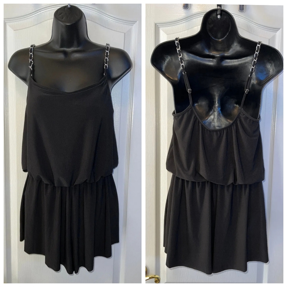 Black Swim Romper with Chrome Chain Strap, Size L